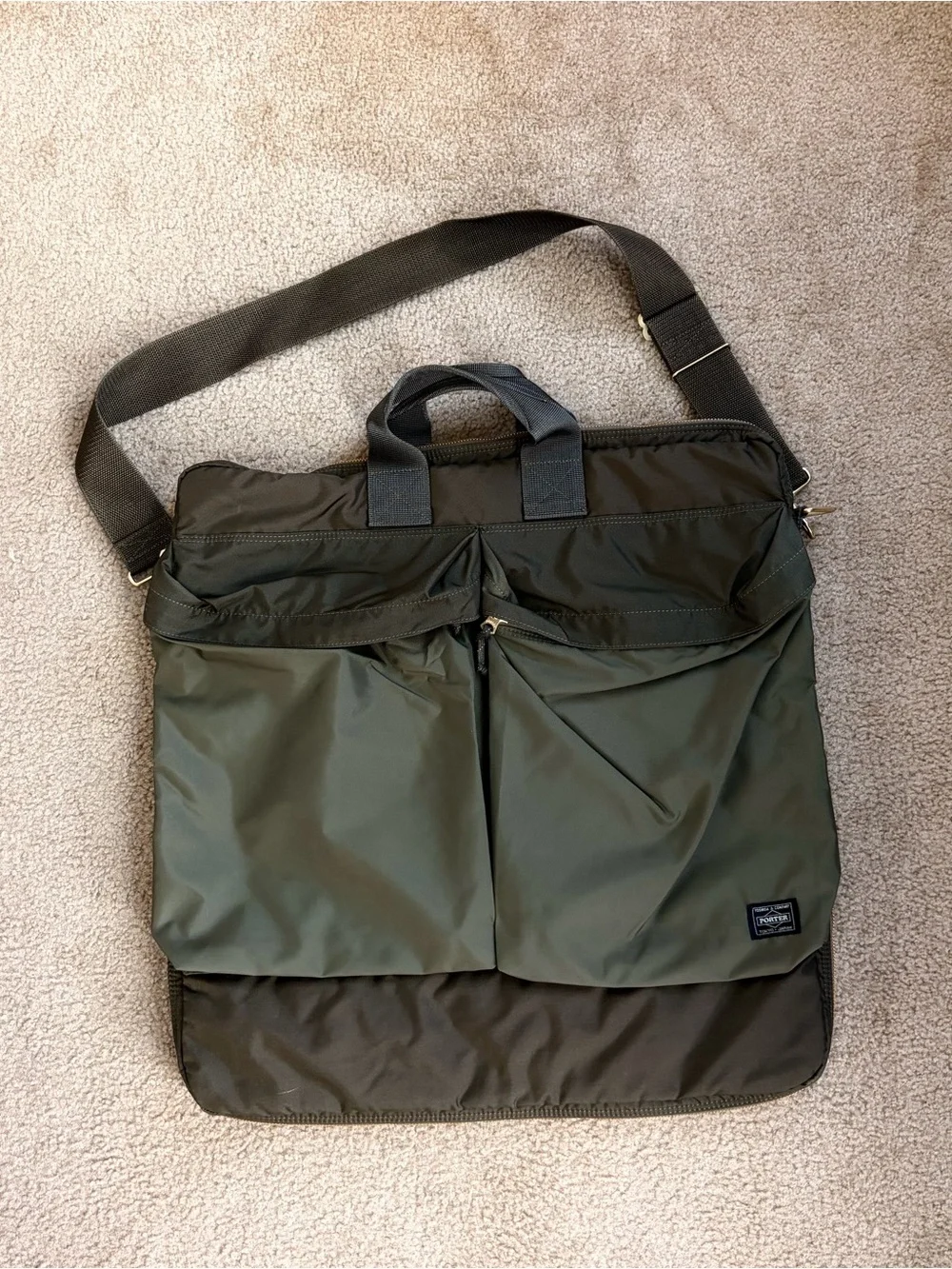 Porter Yoshida Force helmet bag. Men's Olive Green Nylon Shoulder Bag
